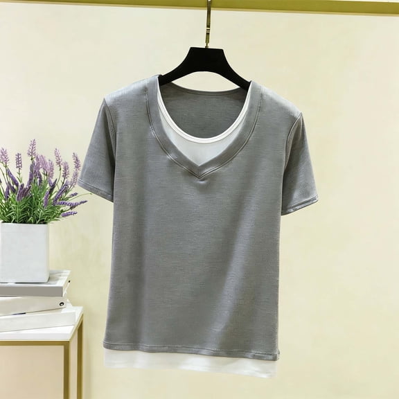Womens Tops Short Sleeve Round-Neck Summer Solid Regular Tops Gray XL
