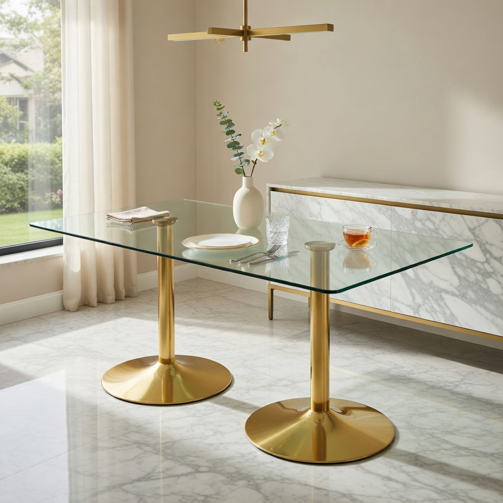 Hommoo Modern Minimalist Oval Glass Dining Table with Electroplated Metal Legs, 71 in L x 35.4 in W Tempered Glass Top, Ideal for Living Room & Restaurant, Gold