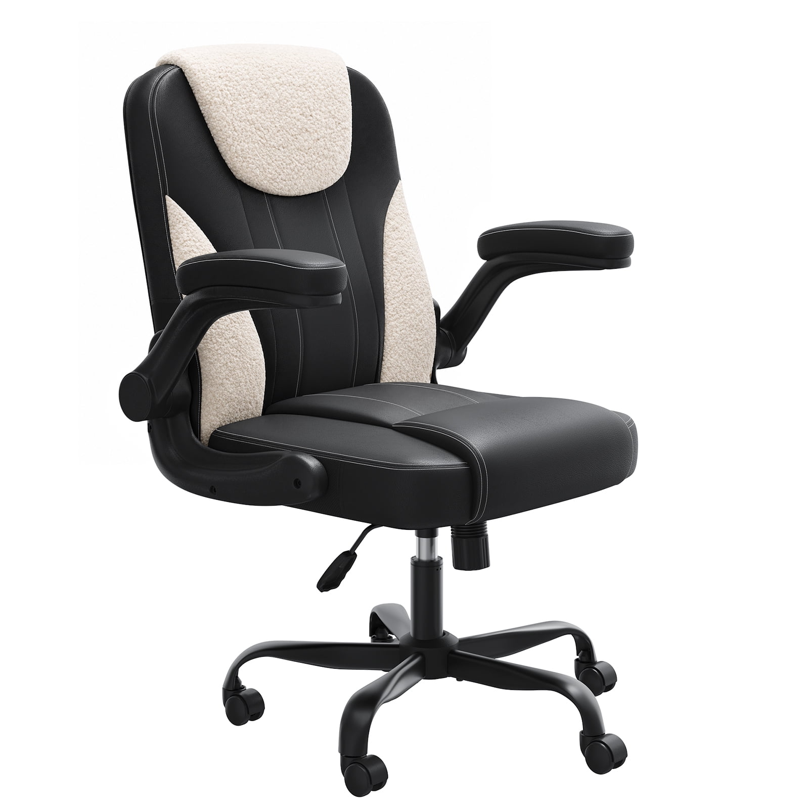Pinmoco Ergonomic PU Leather Office Chair, High Back Executive Computer Desk Chair with Double-Layer Cushion, Swivel Gaming Chair with Wheels and Flip-Up Armrests, Black White