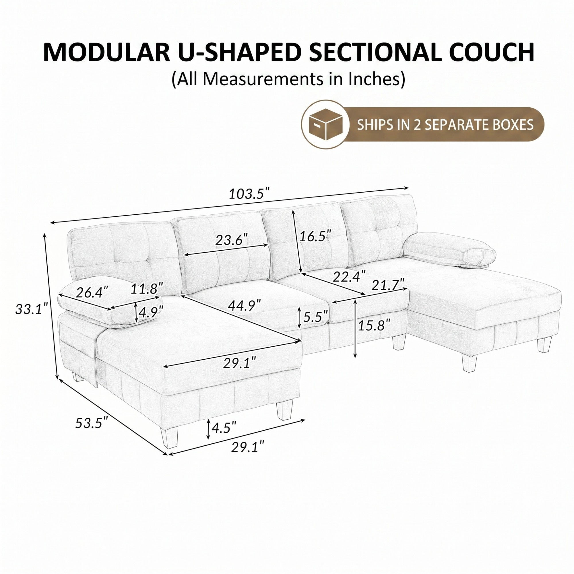 Sailvan 103.5" U-Shaped Sectional Sofa, Chenille Fabric Couch with Dual Chaises and Storage Pockets Black