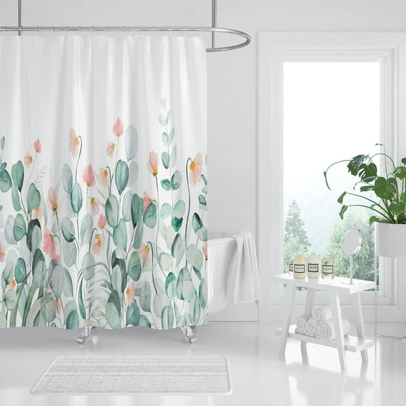 Sage Green Eucalyptus Shower Curtain, Watercolor Plant Leaf with Pink Floral Shower Curtain Set, Botanical Shower Curtains for Bathroom, Waterproof Fabric with 12 Hooks, 72 x 72 Inches