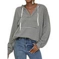 thumbnail image 4 of QAFOPEH Womens Stripe Printed V Neck Long Sleeve Pocket Loose Drawstring Hoodies Tops, 4 of 7