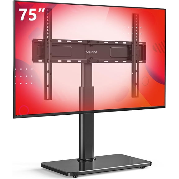 Swivel Universal TV Stand for 32-75 inch TVs with Tilt Down/Up, 8 Levels Height Adjustable Table Top TV Mount Stand with Stable Heavy Duty Tempered Glass Base, MAX VESA 600x400 mm, up to 99lbs, Black