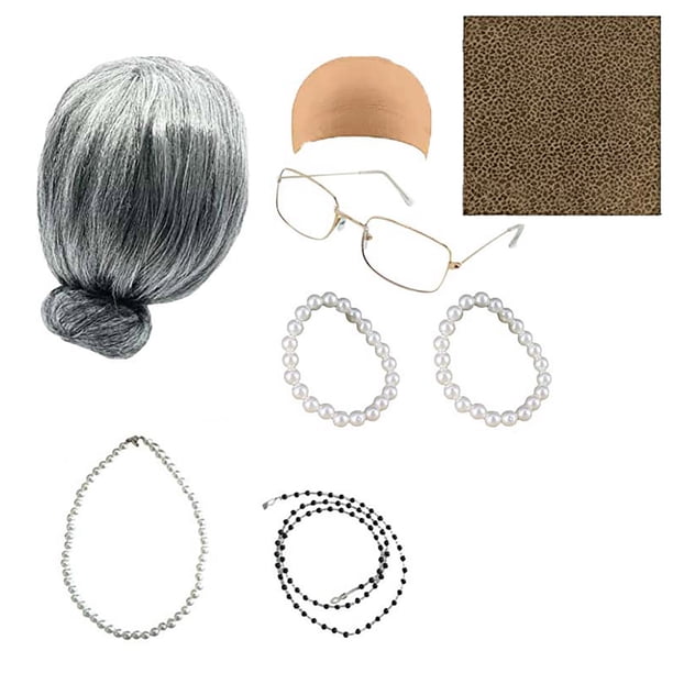 Pelucas Peluca de abuela COS Traje Cadena Gafas Collar de perlas Pulsera Gafas Pendientes Para el Día de los Inocentes 100 días de escuela