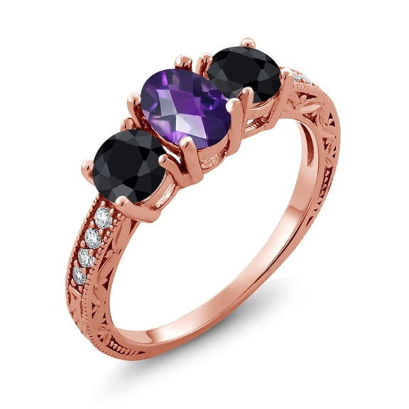 Gem Stone King 2.25 Ct Oval Checkerboard Purple Amethyst Black Sapphire 18K Rose Gold Plated Silver Moissanite Ring (Size 6)