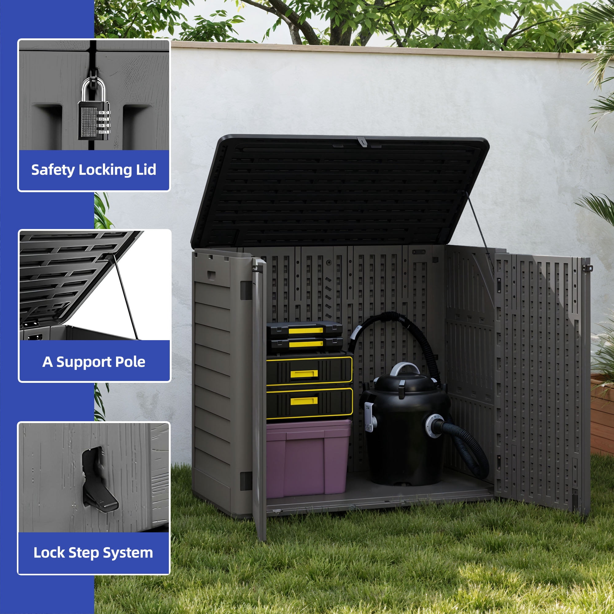 Uforic Resin Storage Cabinet Outdoor, 30 Cu Ft Outdoor Storage Shed for Backyard/Garden, Dark Gray & Black