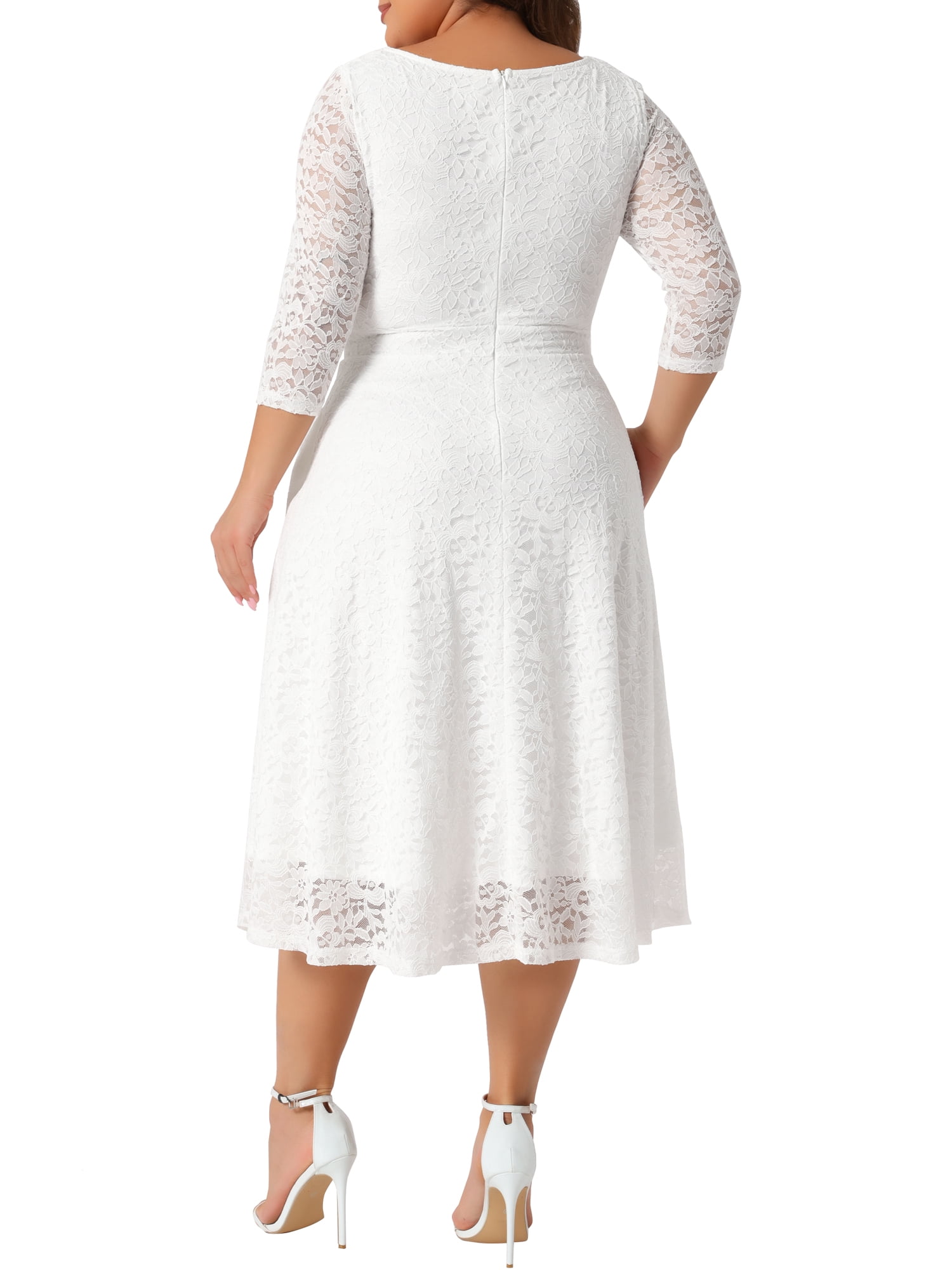 DARING DIVA Plus Size Floral Lace 3/4 Sleeves Pocket Cocktail Dress 3X White