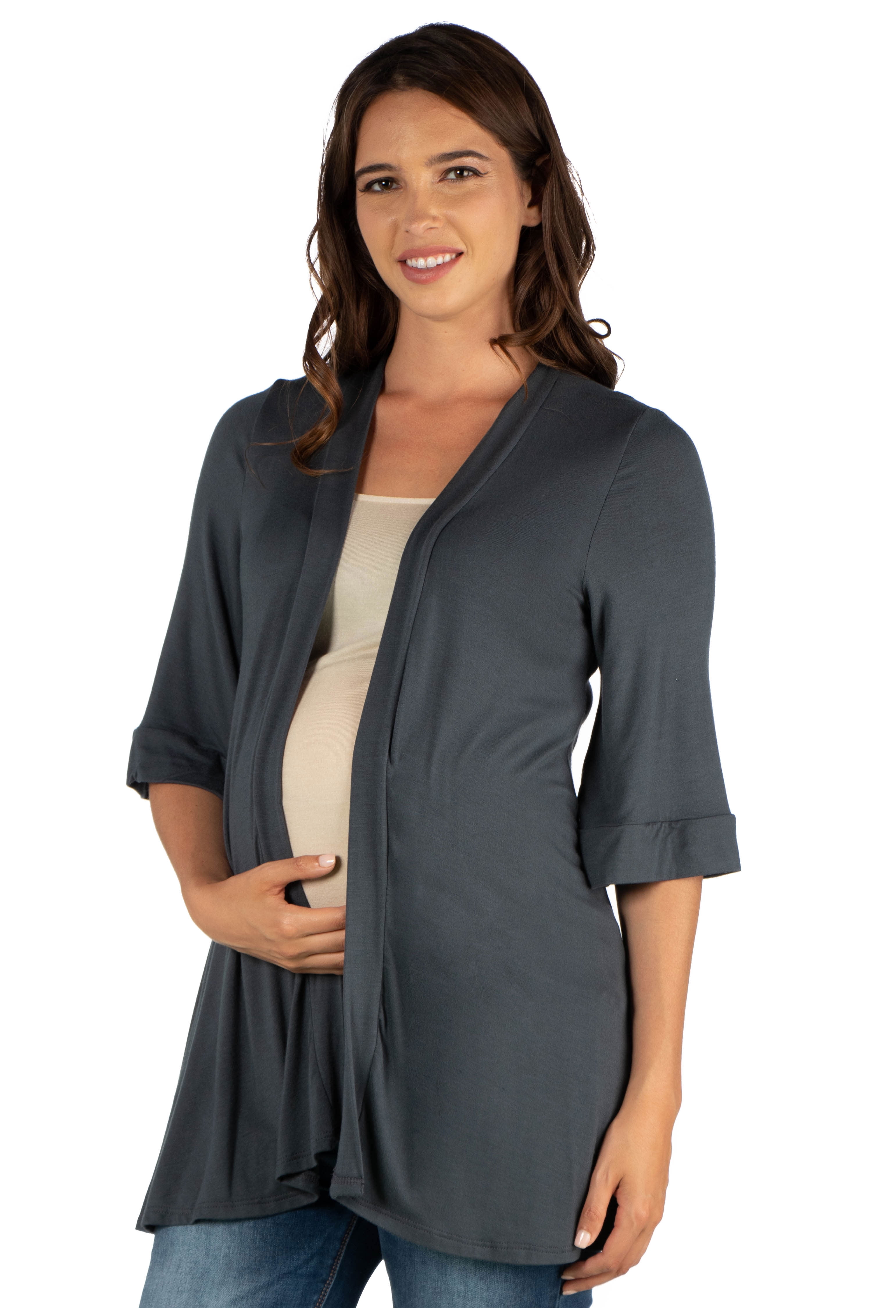 24seven Comfort Apparel Elbow Length Sleeve Open Front Maternity Cardigan