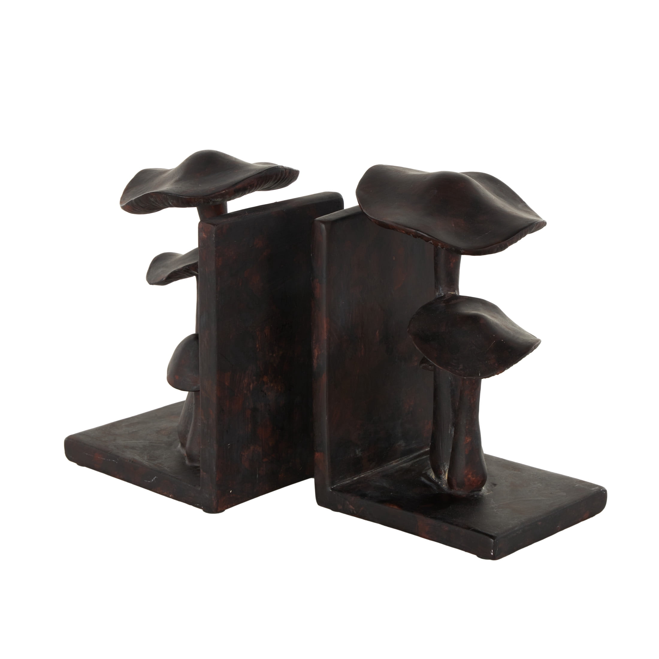 DecMode 5" Mushroom Dark Brown Polyresin Bookends with Copper Shadings (Set of 2)