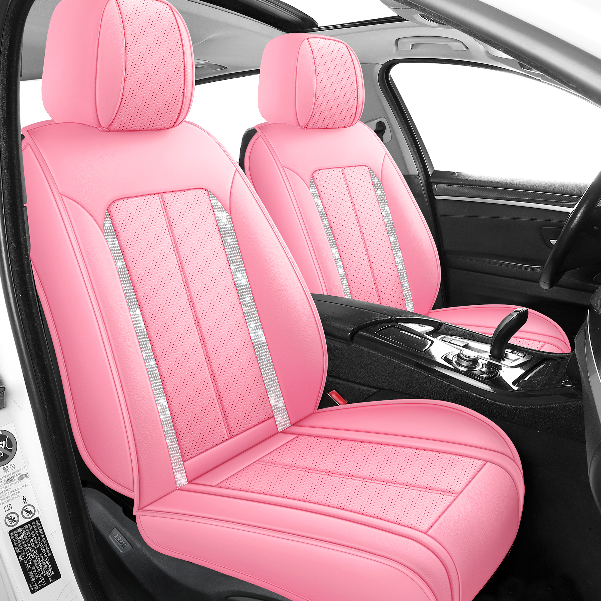 High-End 5-Seat Car Seat Covers Full Set with Pink Crystal Accents, Premium Bling Interior Upgrade for Cars SUVs Trucks, Luxury All-Season Fit