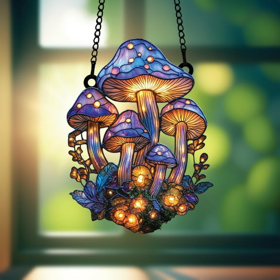 Glowing Mushroom Suncatcher, Acrylic Hanging Art with Enchanted Forest Cluster and Fairy Lights, Cottagecore Decor Gift for Nature Lovers