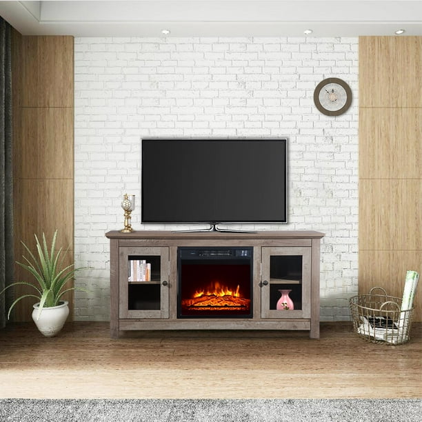 Fireplace Farmhouse Barn Door Wood TV Stand for TVs up to 51", Electric