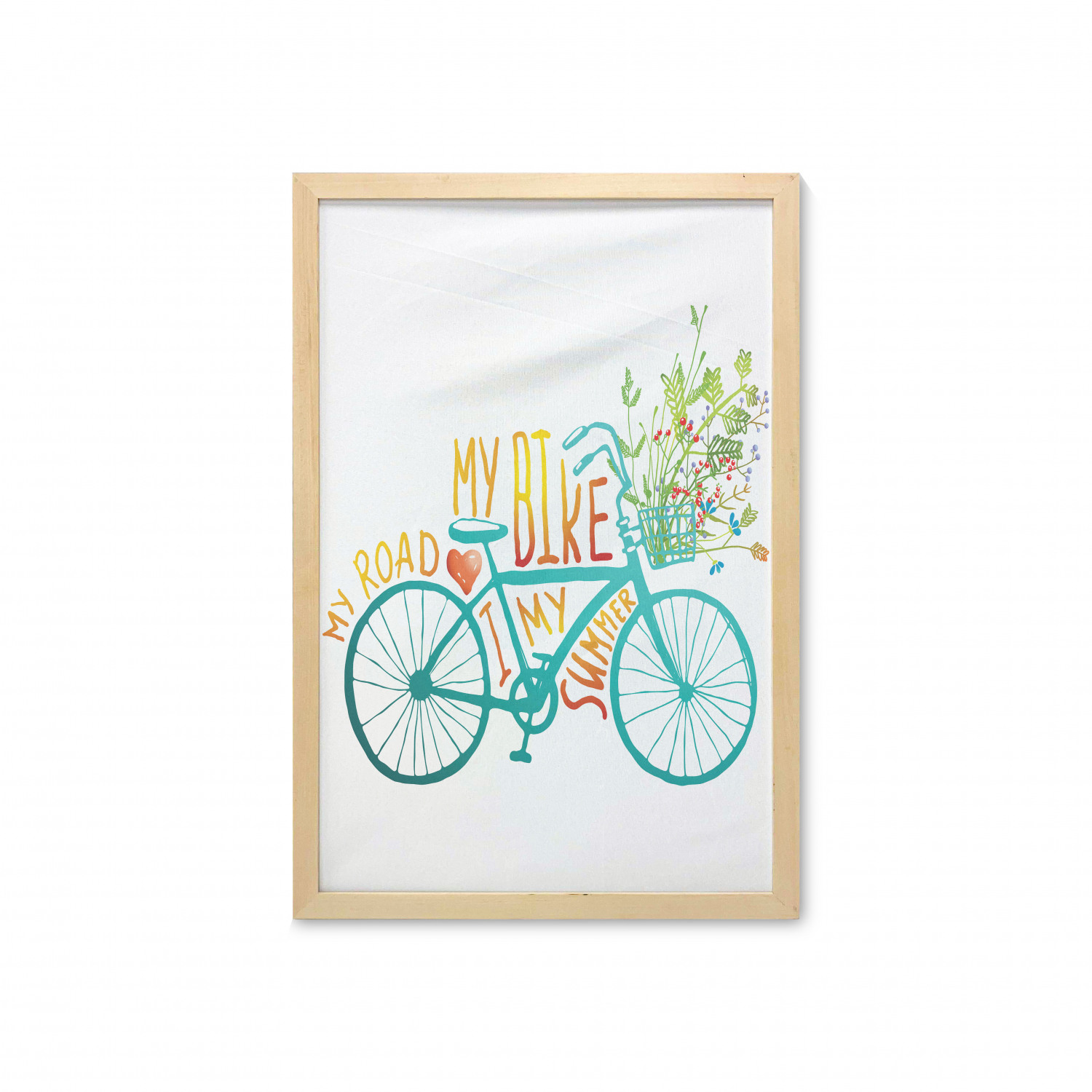 Bicycle Wall Art with Frame, Vintage Summer Bike a Floral Bouquet Vehicle for Transport Illustration, Printed Fabric Poster for Bathroom Living Room, 23" x 35", Turquoise Yellow, by Ambesonne - image 1 of 2
