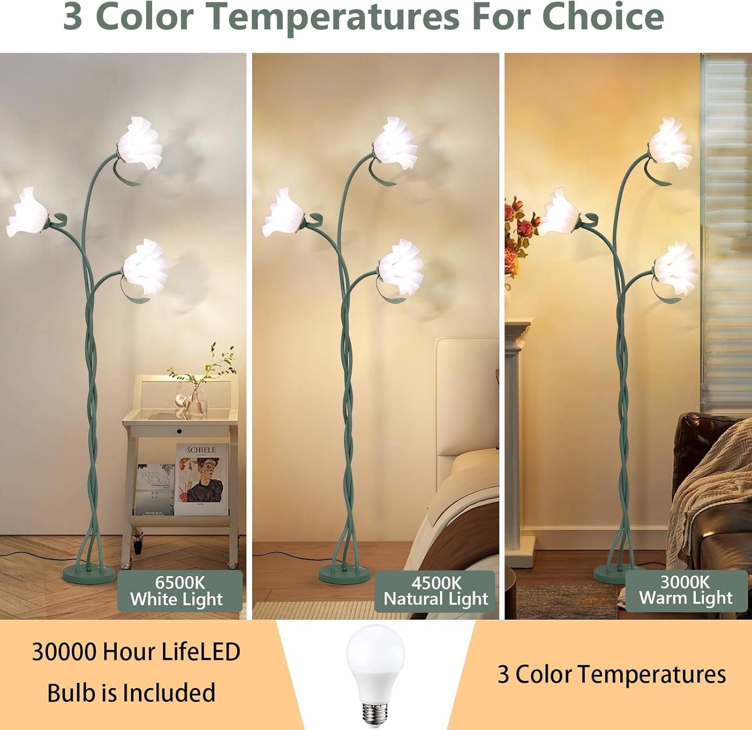 Vintage Flower Floor Lamp for Girls' Bedroom, Cute 3 Heads Floor Reading Light with Flexible Gooseneck, 3 Colors Modern Corner Standing Lamp with Lily for Living Room Office Home Decor,Bulbs Included