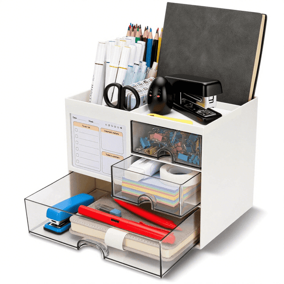 FIXPARTS Desk Organizer Box, White Rectangular ABS Plastic, 3 Drawers, 8 Compartments, Office Storage, 8.18×5.62×6.1 in