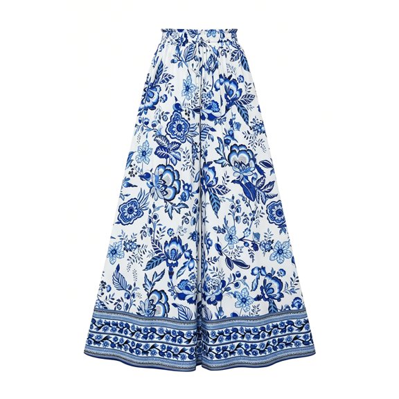 Zysthvn Wide Leg Women's Pants Casual Boho High Waisted Floral Womens Trouser Pants Loose Drawstring Palazzo Elastic Waist with Pockets Pants