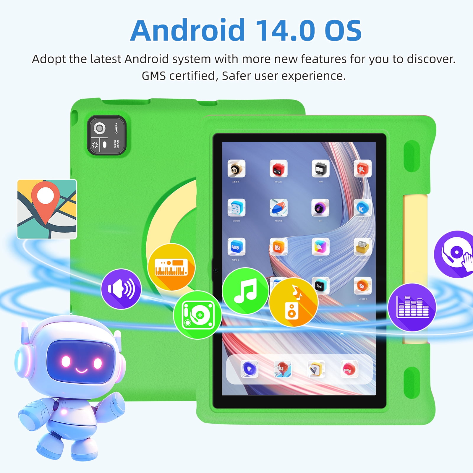 Kids Tablet, 10.1 inch IPS HD Touchscreen Android 14 64 GB Storage, 8GB RAM, Octa Core Tablet for Kid with Kid-Proof Case, Parental Controls, 12-hr Battery, WiFi, GPS – Green