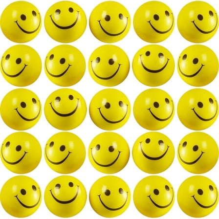 Smile Face Squeeze Balls (24 Pcs Bulk) for Kids and Adults, 2 Inch Mini Yellow Fun Happy Face Stress Anxiety Relief Balls, Hand Therapy Sensory Fidget Toy, Classrooms, Game Prize, Party Favor Gift