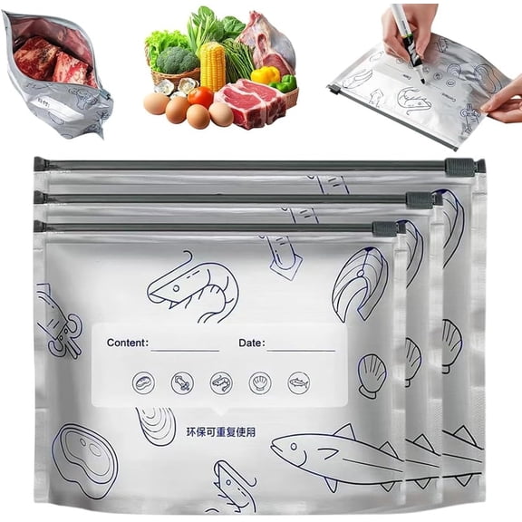 30PCS Reusable Aluminum Foil Sealable Storage Bags, 2026 New Resealable Vacuum Zipper Pouches for Food, Stand Up Foil Sealable Bags with Label and Zip Lock for Vegetable Fruit Meat(S M L)