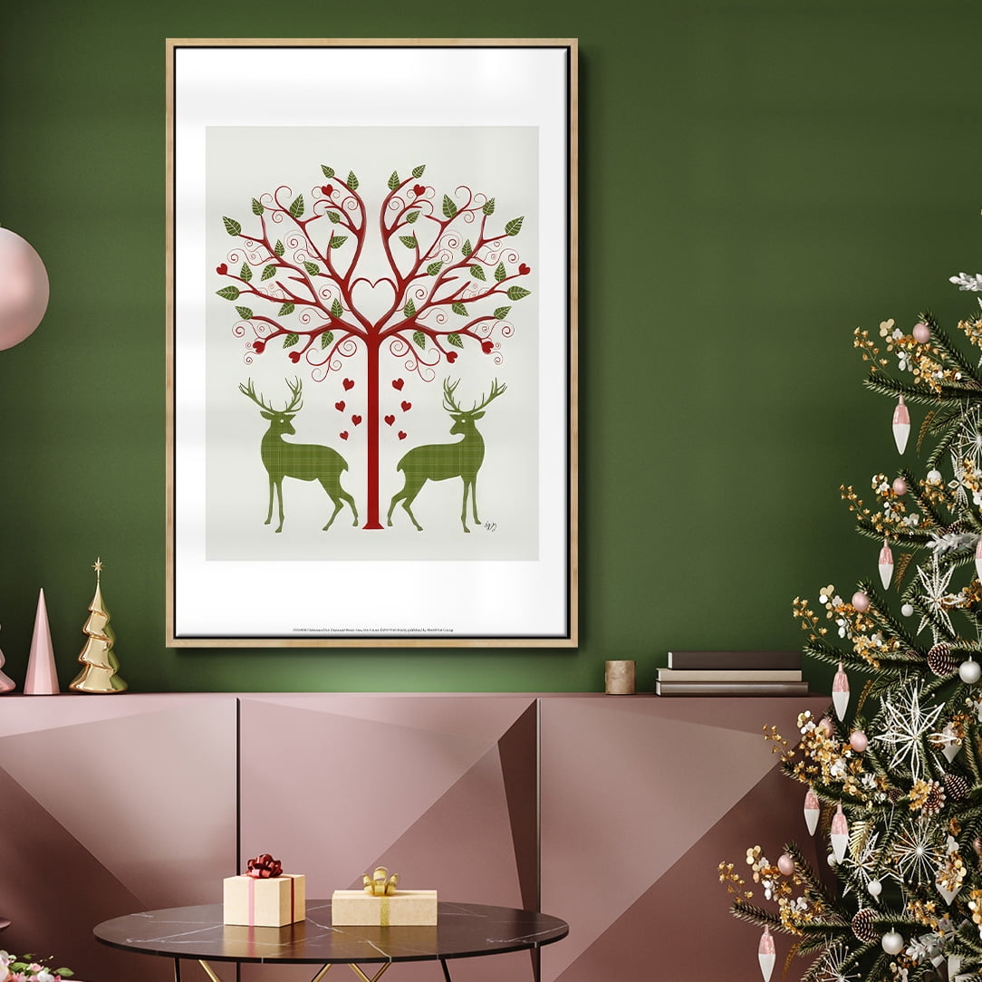 Christmas Des - Deer and Heart Tree, On Cream - Framed Gallery Wrapped Holiday Canvas - 27 x 41 - Natural Wood Frame