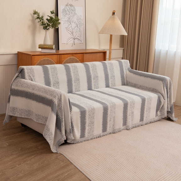 CJC Chenille Stripe Sofa Cover for Pet, 320GSM Tassel Edge Couch Cover Furniture Protector, Universal Couch Cover for Living Room Couch, Loveseat, Sectional (Grey, 71'' x 134'')