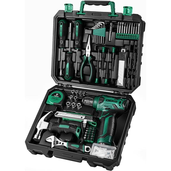 Open Box Tool Kit: 8V Cordless Drill, Home Toolbox with storage case, Hand Tool set for Home Repairs 126 Piece, Green
