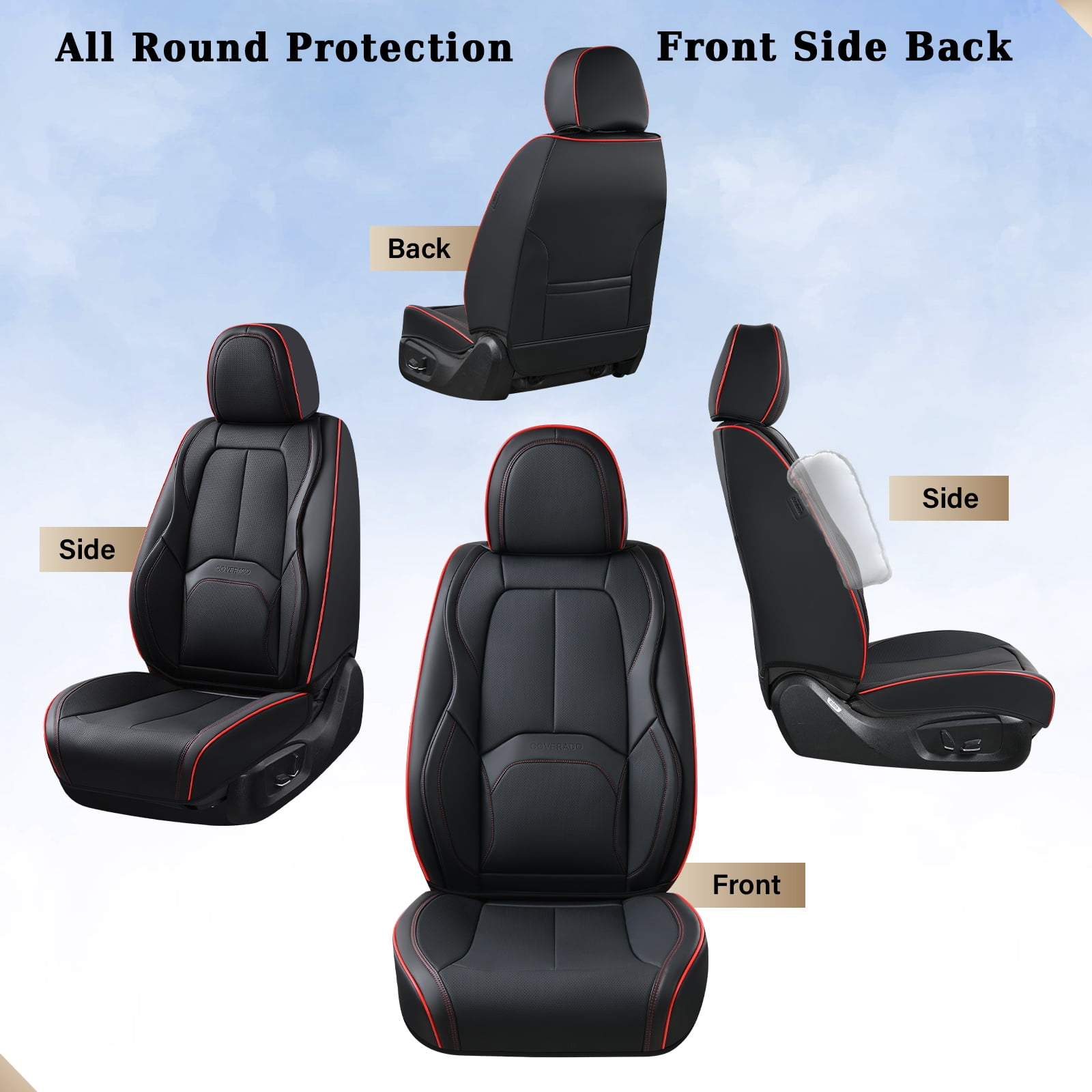 Coverado Front Seat Covers for Car, Premium Leather Seat Protectors with Lumbar Support, Waterproof Auto Cushions Universal Fit for Most Cars, Black&Red