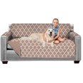 thumbnail image 1 of Original Patent Pending Reversible Small Sofa Protector, Many Colors, Seat Width to 62 Inch, Furniture Slipcover, 2 Inch Strap, Couch Slip Cover Throw for Pet Dogs, Cats, Quatrefoil Mocha, 1 of 8