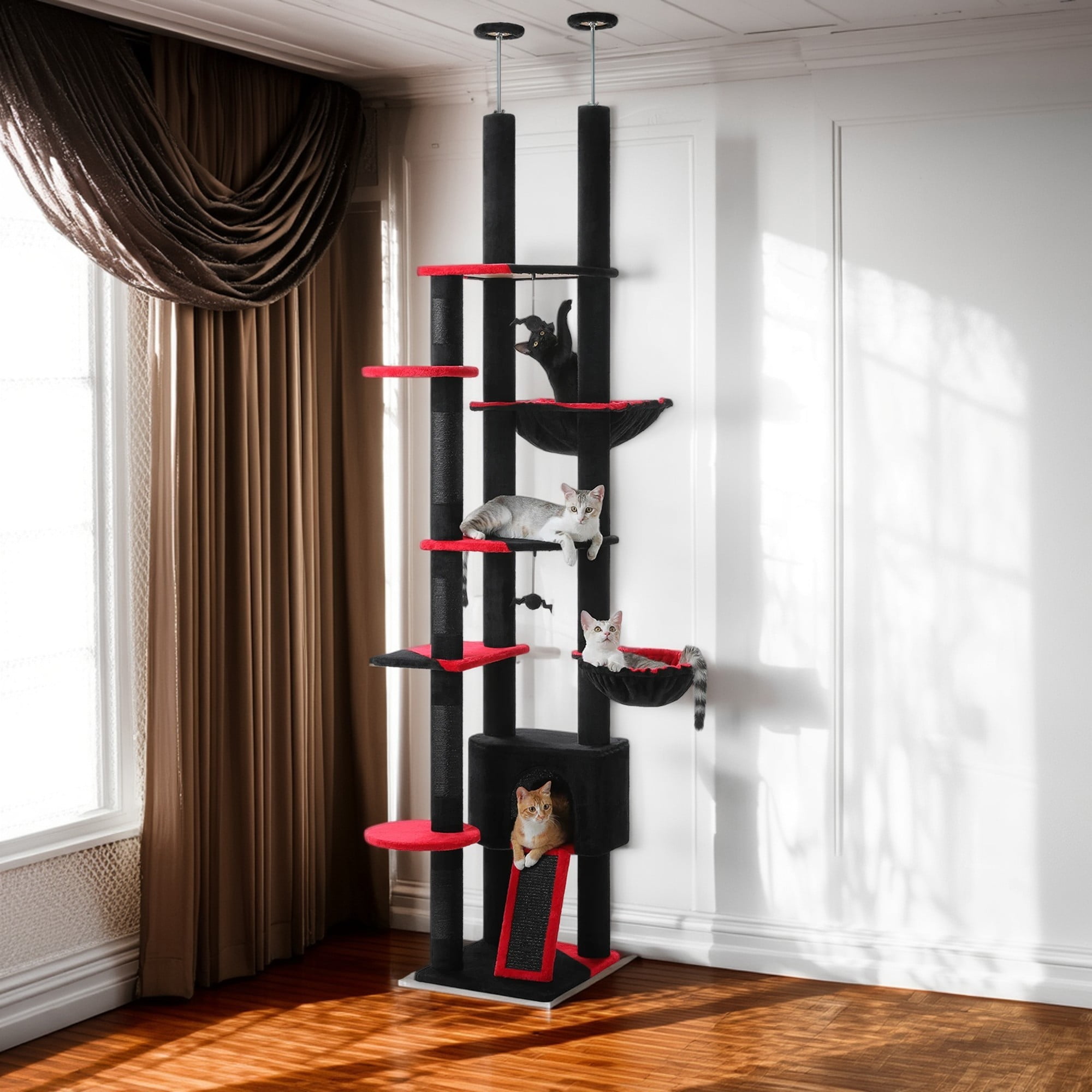 resenkos Adjustable Height(85-112 in) Cat Tree Tower Floor to Ceiling with 7 Tiers Cat Climbing Activity Center, Cozy Hammocks, 5 Platforms for Indoor Cats, Black