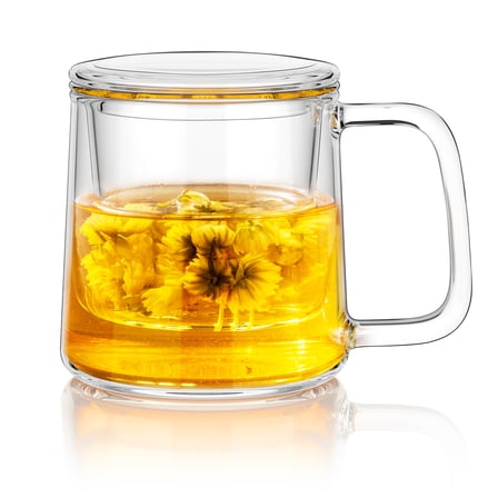 Glass TeaCup with Glass Infuser and Lid, 14.5oz/ 430ml Borosilicate Glass Tea Mug for Warmer Safe, Clear Teacup for Loose Leaf Tea, Blooming Tea