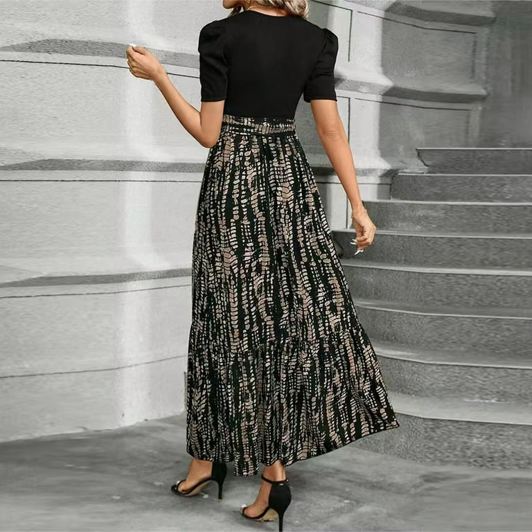 a line color block dress Color-block Floral Print A-Line Maxi Prom Dress