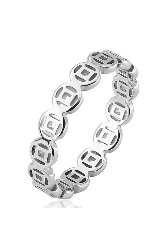 Unisex Titanium Steel Ring Hollow Lucky Copper Coin Index Finger Ring Retro Couple Ring Auspicious Pattern Geometric