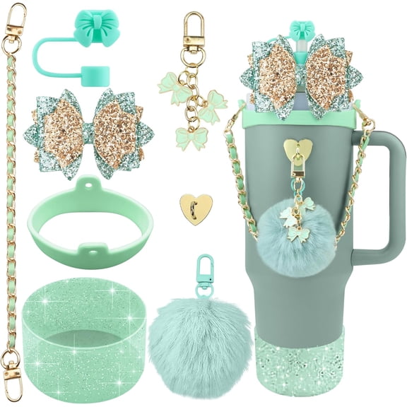 Bling Accessories for Stanley Cup 40oz & 30oz Tumbler including Silicone Cute Bow Straw Topper Cover, Silicone Boot for Stanley Cup,Leather Water Bottle Handle Strap, Charms