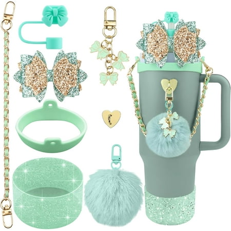 CozyNestFinds Bling Accessories for Stanley Cup 40oz & 30oz Tumbler including Silicone Cute Bow Straw Topper Cover Silicone Boot for Stanley Cup Leather Water Bottle Handle Strap Charms