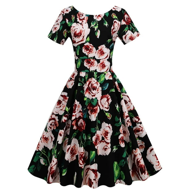 Puntoco Vestido De Manga Corta Con Cuello En V, Vestido De Fiesta Con Estampado Retro Estilo Hepburn De Manga Corta Con Cuello En V Para Mujer Negro L