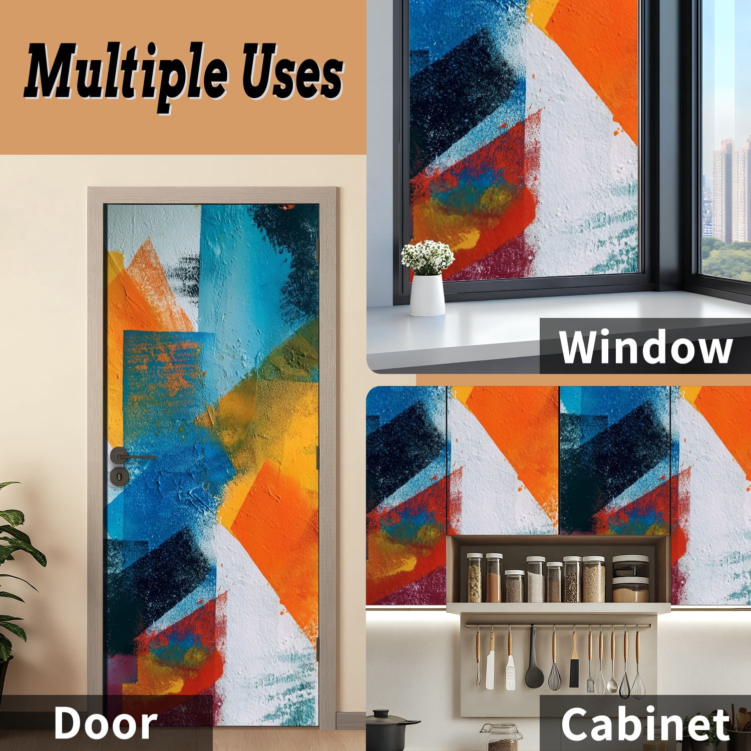 Self Adhesive Vinyl Refrigerator Wrap Set Abstract colorful brush stroke Modern Door Mural Removable Fridge Sticker Peel and Stick&nbsp;Full Door Cover Decal Kitchen Bar Decor