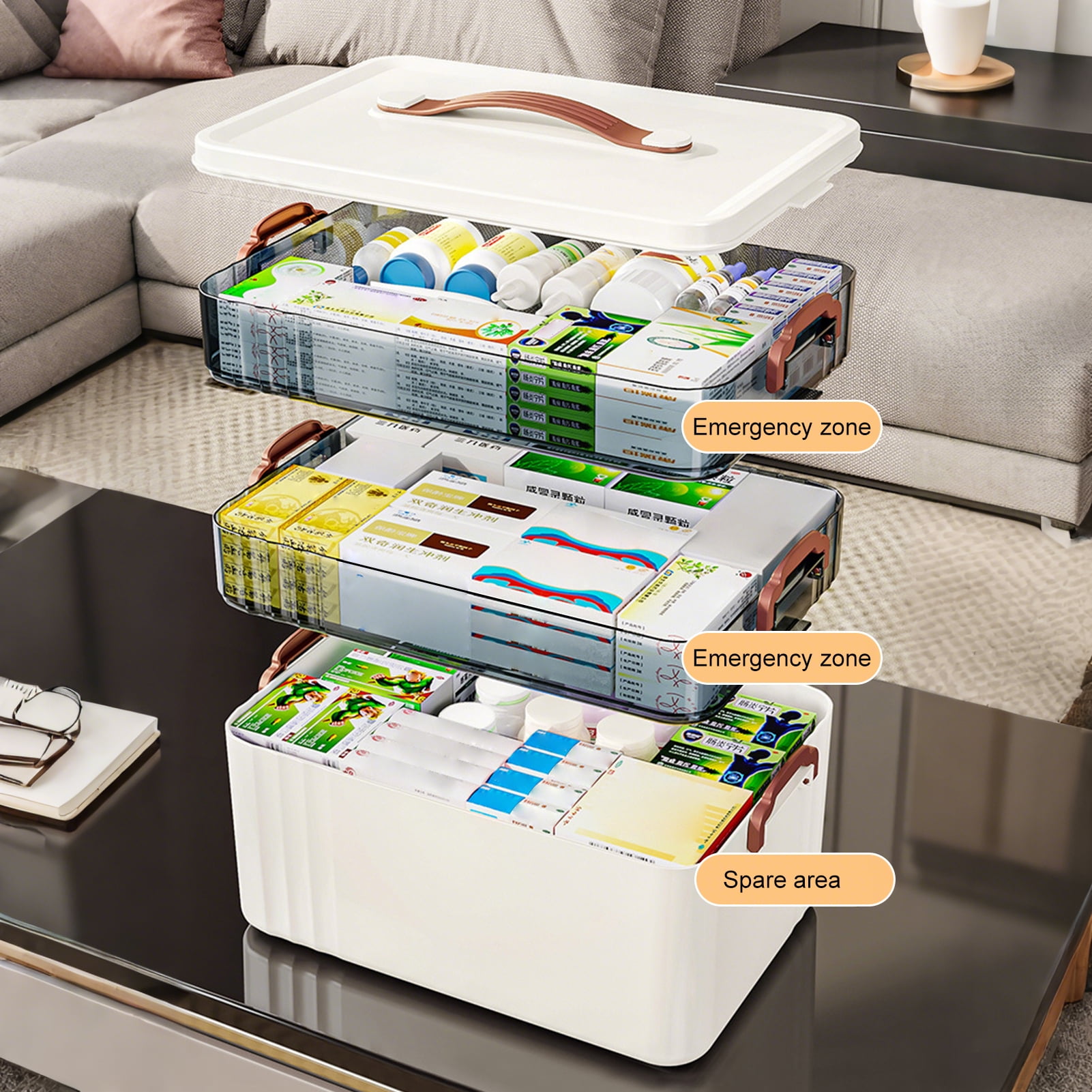 OIUR 3-Tier Medicine Box with Handle Large Capacity Multi-layer Design BPA Free Good Sealing Tablet Pill Organizer Medicine Case