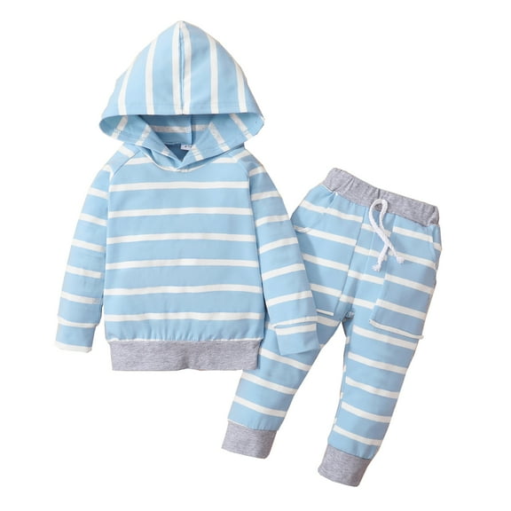 6 Months Baby Boys Outfits 12 Months Boys 2PCS Hoodie Outfits Set Infant Boys Long Sleeve Hooded Stripe Top Pants Set Blue