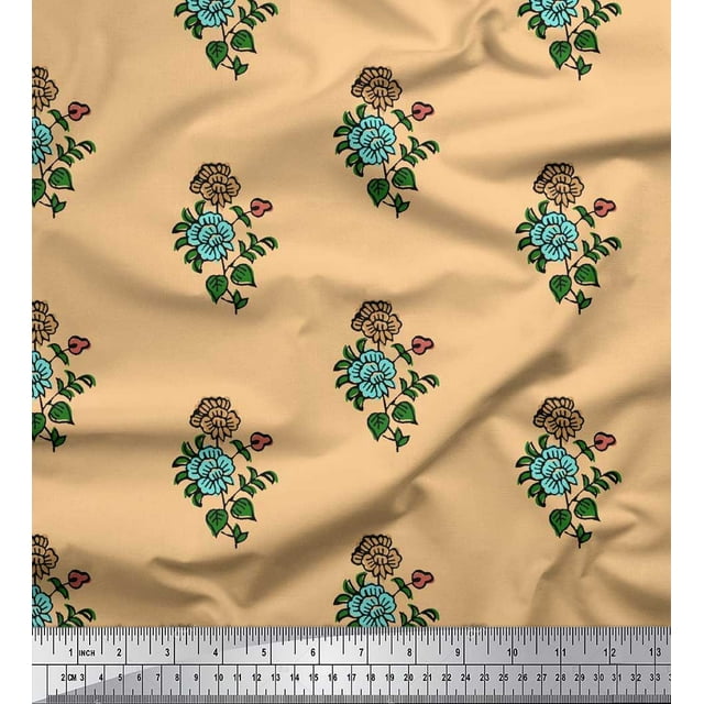 Soimoi Rayon Fabric Leaves & Floral Block Print Fabric by The Yard 56 Inch Wide