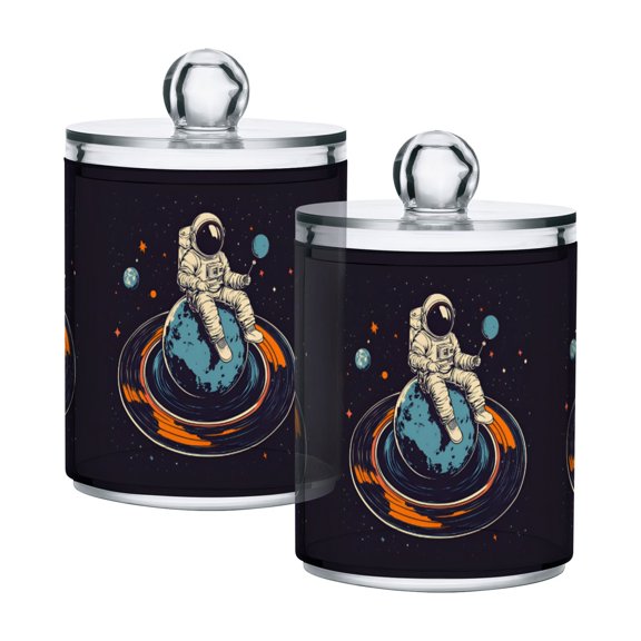 Yayeee 2 Pack Qtip Holder Bathroom Cotton Swab Canister with Lid Clear Dispenser Set, Black Astronaut Record