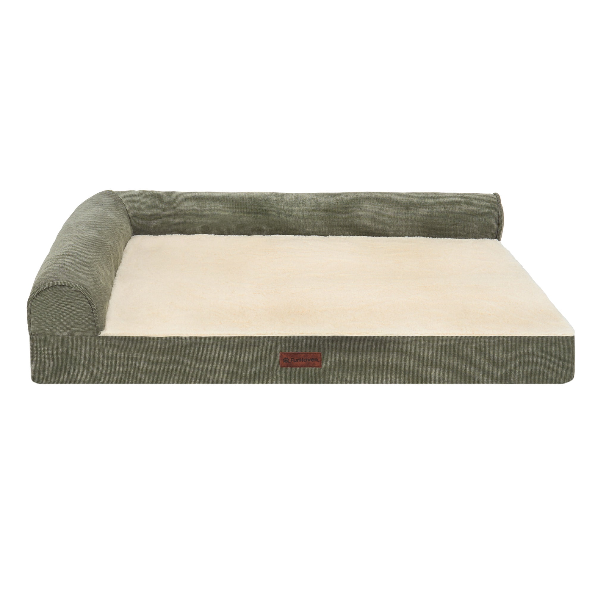 Plush & Grid Cord Orthopedic Deluxe L-Chaise Pet Bed for Dogs and Cats - Olive, Jumbo