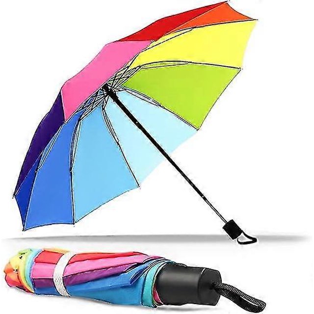 Portable Folding Windproof And Rainproof Rainbow Umbrella, 10 Ribs Strong And Fastened Umbrella