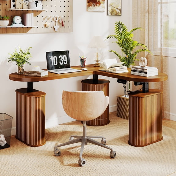 GODPAW L-Shaped Standing Desk with Storage, Electric Height Adjustable Corner Desk, Walnut Home Office Desk