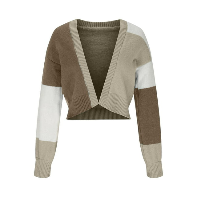 Yuyuzo Women's Cropped Cardigan Sweaters Long Sleeve Open Front Knit Sweaters Color Block Casual Coats