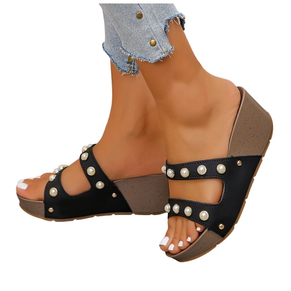 Pearl Platform Wedge Slides Sandals for Women 2025 Summer Comfortable Arch Support Walking Dress Slippers