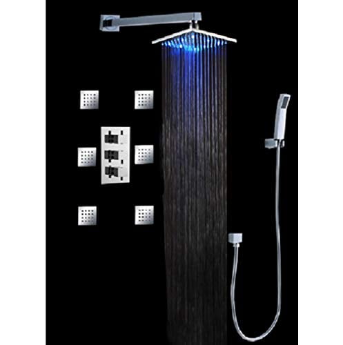 Shower faucet set Thermostatic Valve Black 16"LED Rain Shower Head Massage Jets 
