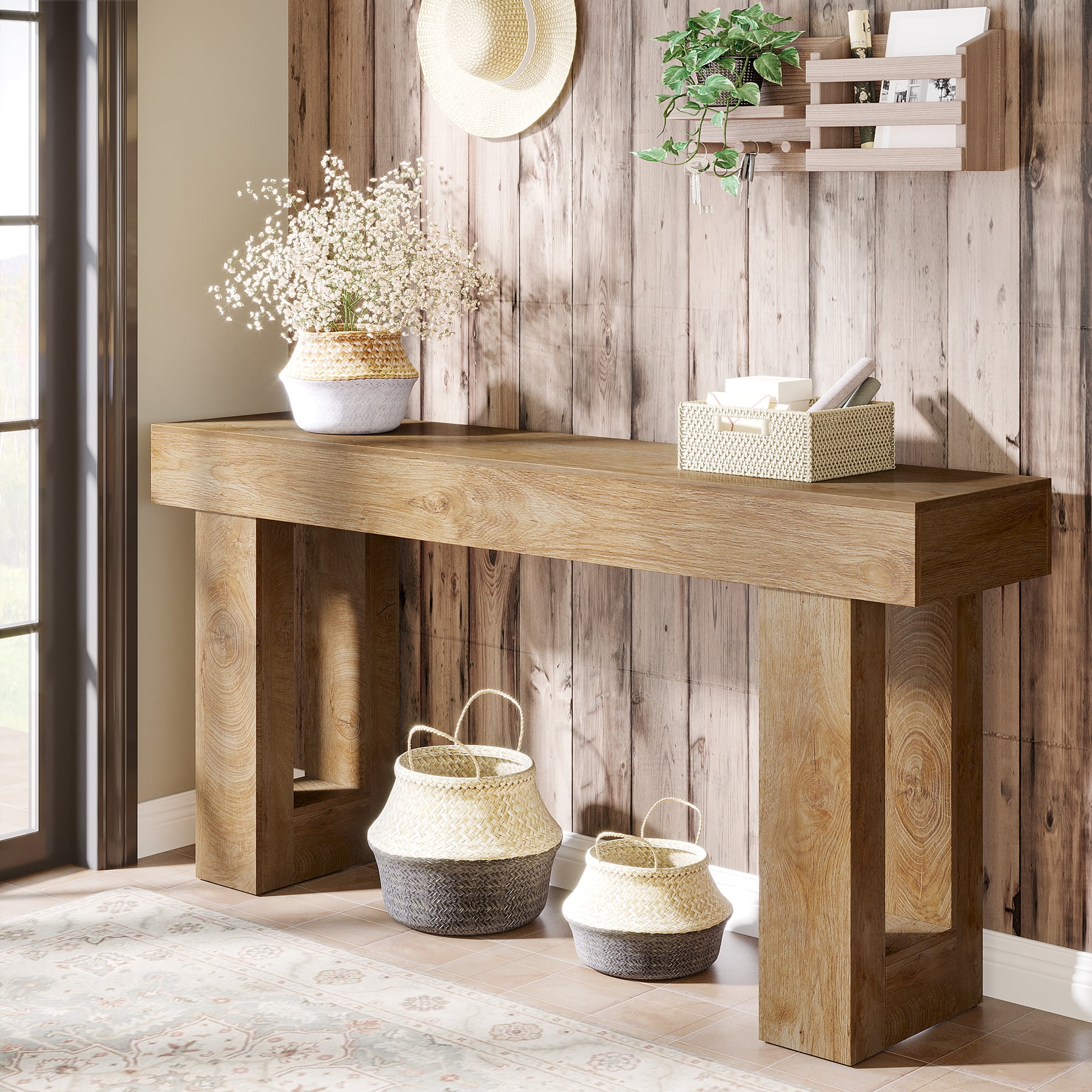 Tribesigns 63-Inch Long Console Table, Farmhouse Wooden Sofa Table Behind The Couch, Entryway Table for Entrance, Hallway, Living Room, Natural