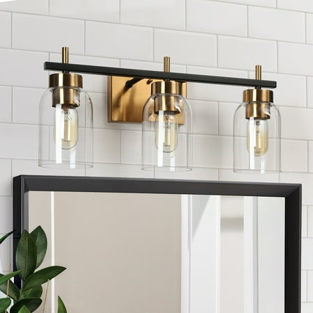 

Valina Modern Black Gold 3-Light Bathroom Vanity Light Cylinder Glass Wall Sconces 3-Light