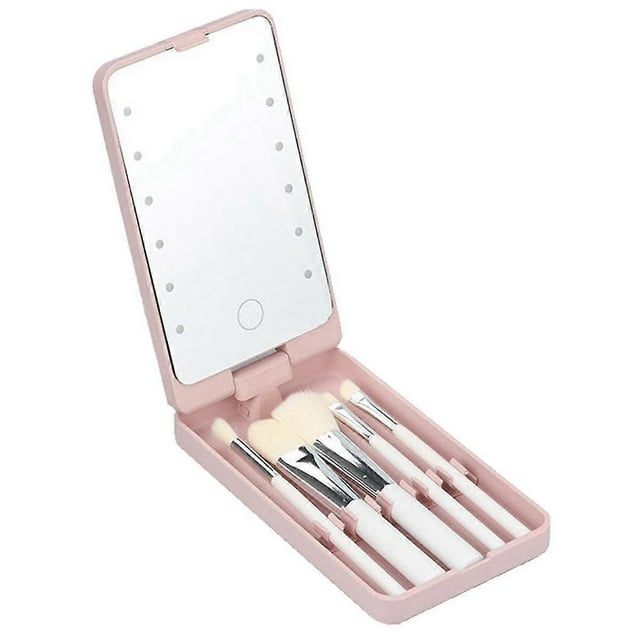 Mirror Portable Makeup Mirror with 5 Brushes Storage Box LED Touch Portable One-Face Storage Box Makeup Mirror Pink