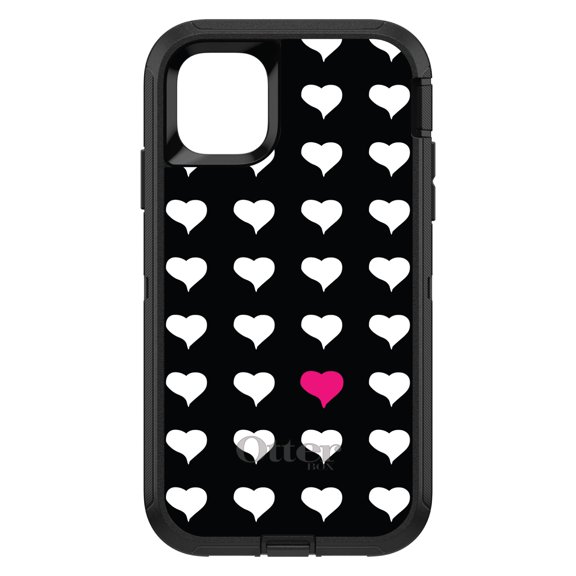 DistinctInk OtterBox Defender Custom Case for Apple iPhone 15 (6.1" Screen) - Pink White Black Repeating Hearts - Wireless Charging Compatible